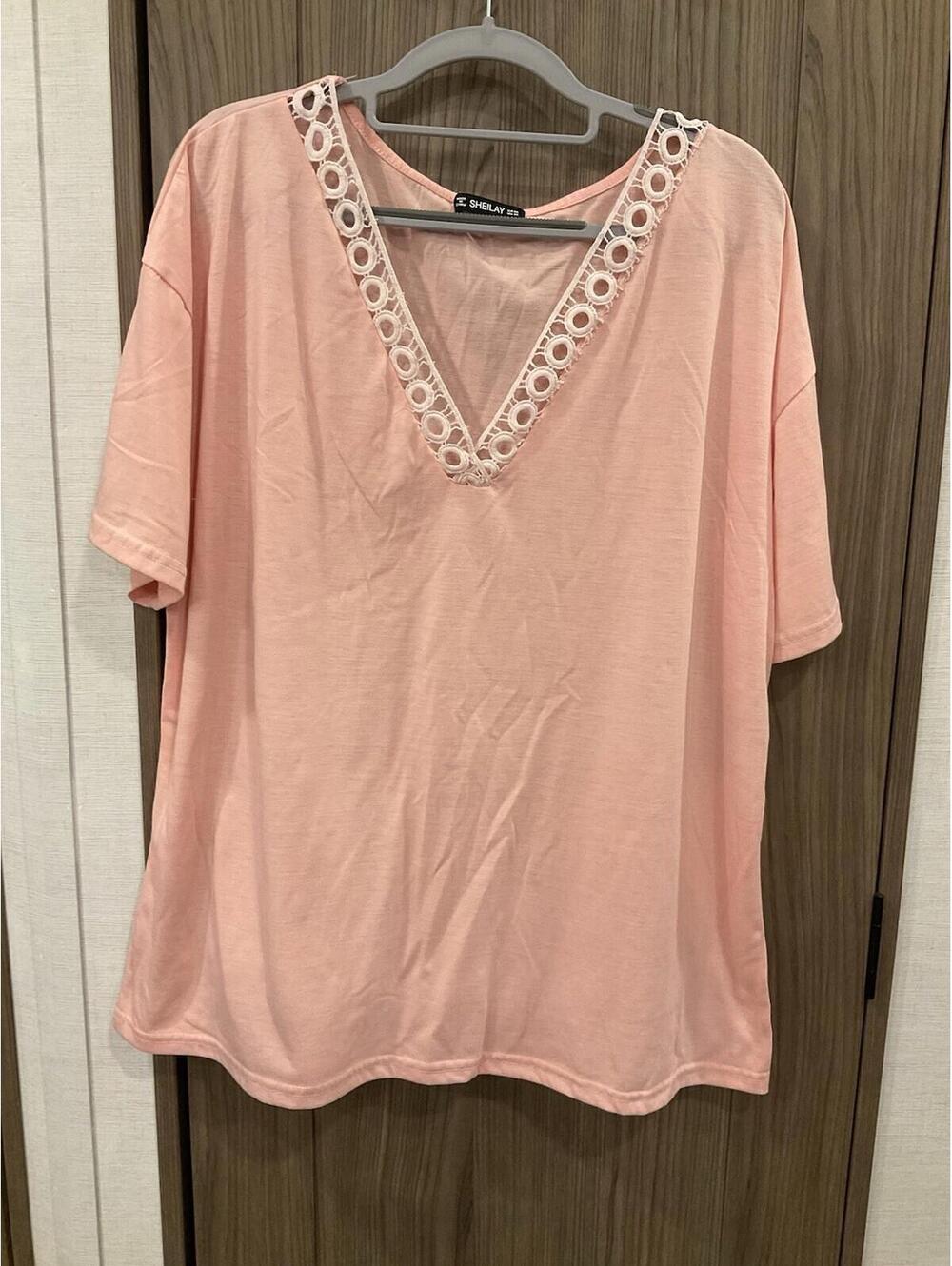 SHEILAY Womens Peach Colored Short Sleeve V Neck Blouse Size 3 XL